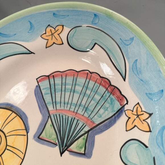 Bella Delray Nautical Seashell Salute Ceramic Platter Bowls Coastal Aqua Trim - Picture 9 of 16